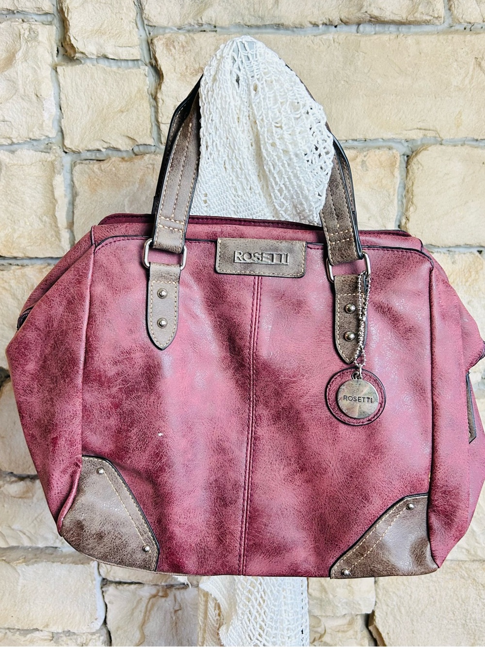 Rosetti Wine-Pink Satchel with Brown Trim